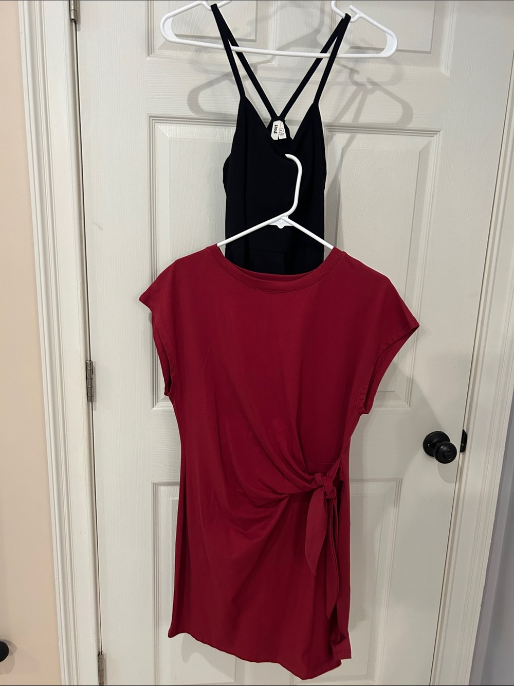 Red Tie-Waist Dress with Black Strappy Slip